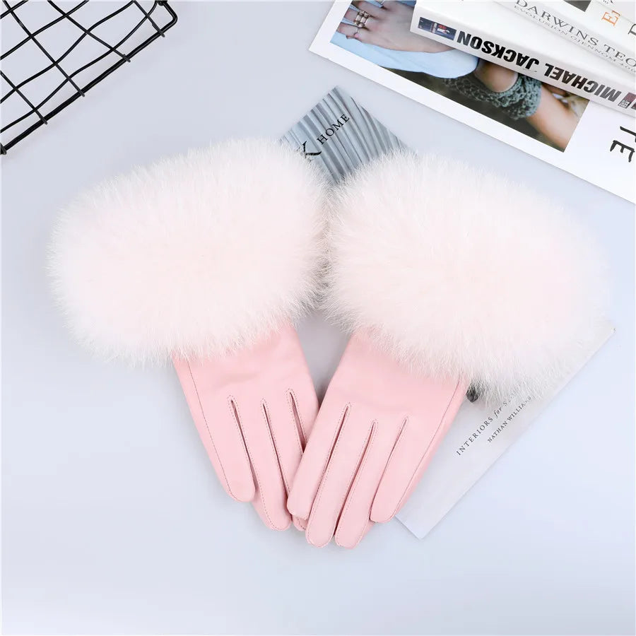 Sheepskin Leather Gloves with Fox Fur Trim – Women's Winter Mittens