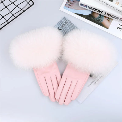 Sheepskin Leather Gloves with Fox Fur Trim – Women's Winter Mittens