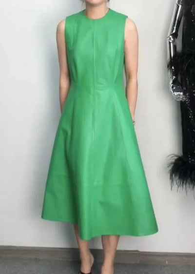 Leather Midi Dress - Sleeveless Pleated Skirt