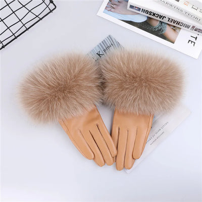 Sheepskin Leather Gloves with Fox Fur Trim – Women's Winter Mittens
