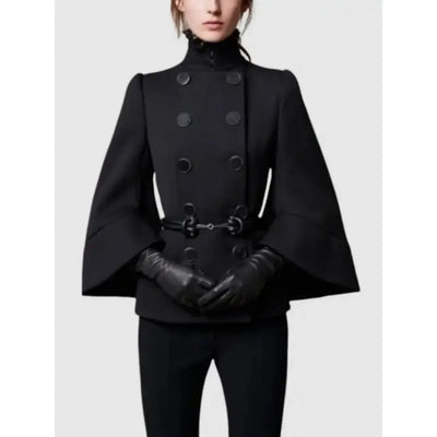 Women's Black High-Neck Buttoned Jacket with Flared Sleeves