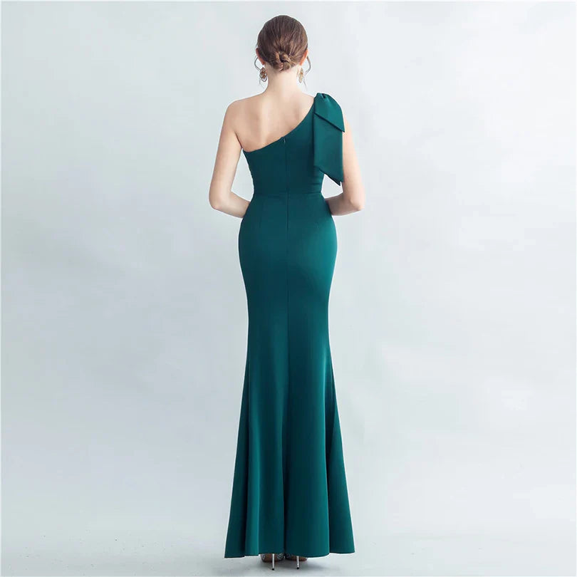 Candy Color Satin One-Shoulder Evening Dress with Slit and Appliques