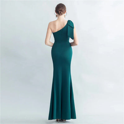 Candy Color Satin One-Shoulder Evening Dress with Slit and Appliques