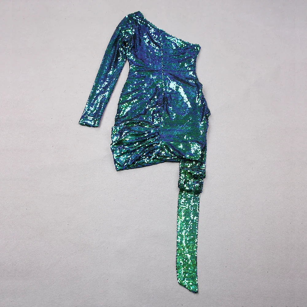 Women’s Green Pink Gold Sequined One Shoulder Party Dress