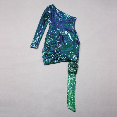 Women’s Green Pink Gold Sequined One Shoulder Party Dress