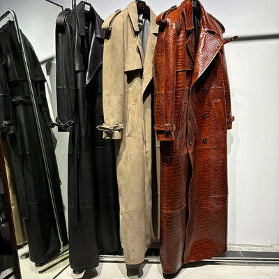 Long Real Leather Trench Coat for Women - Double Breasted Suede