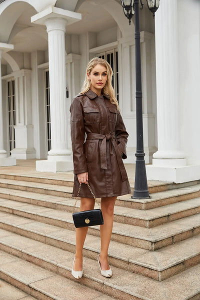 Red PU Leather Waist Lace-Up Long Jacket - Women's Fashion Overcoat