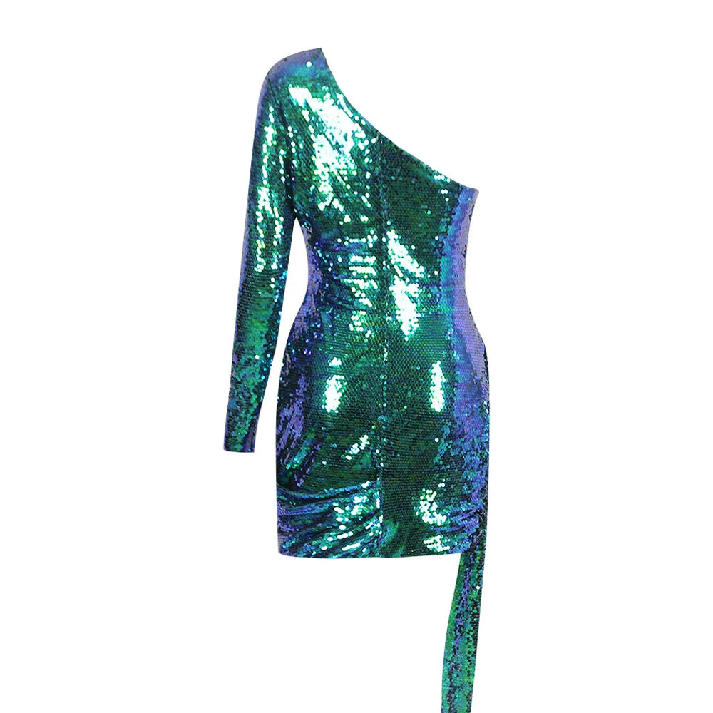 Women’s Green Pink Gold Sequined One Shoulder Party Dress