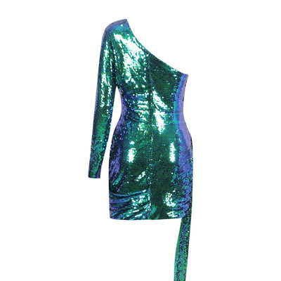 Women’s Green Pink Gold Sequined One Shoulder Party Dress