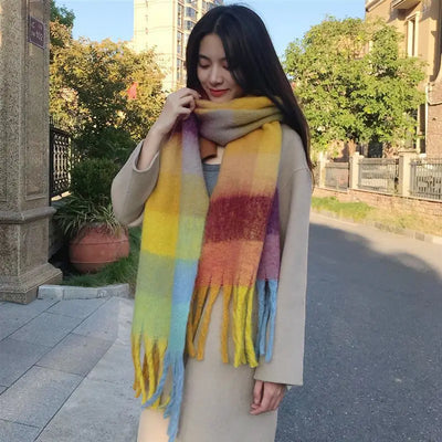Luxury Rainbow Stripe Wool Scarf | Winter Warm Tassel Shawl Wrap