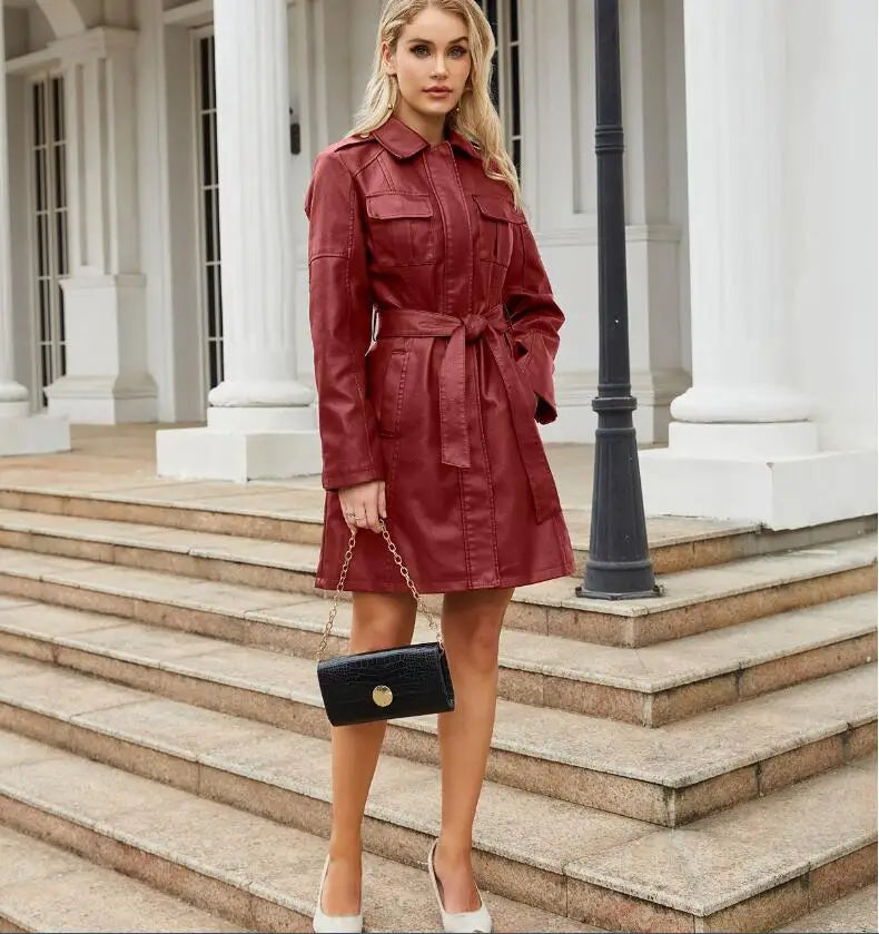 Red PU Leather Waist Lace-Up Long Jacket - Women's Fashion Overcoat