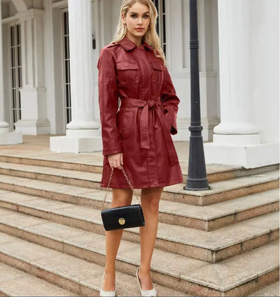 Red PU Leather Waist Lace-Up Long Jacket - Women's Fashion Overcoat
