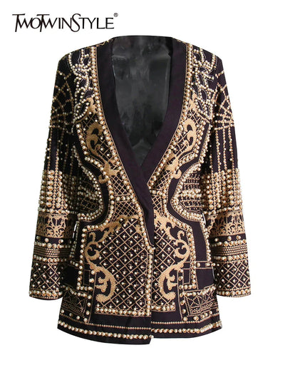 High Street Women's Blazer - V Neck, Long Sleeve, Embroidered Flares, Colorblock Design