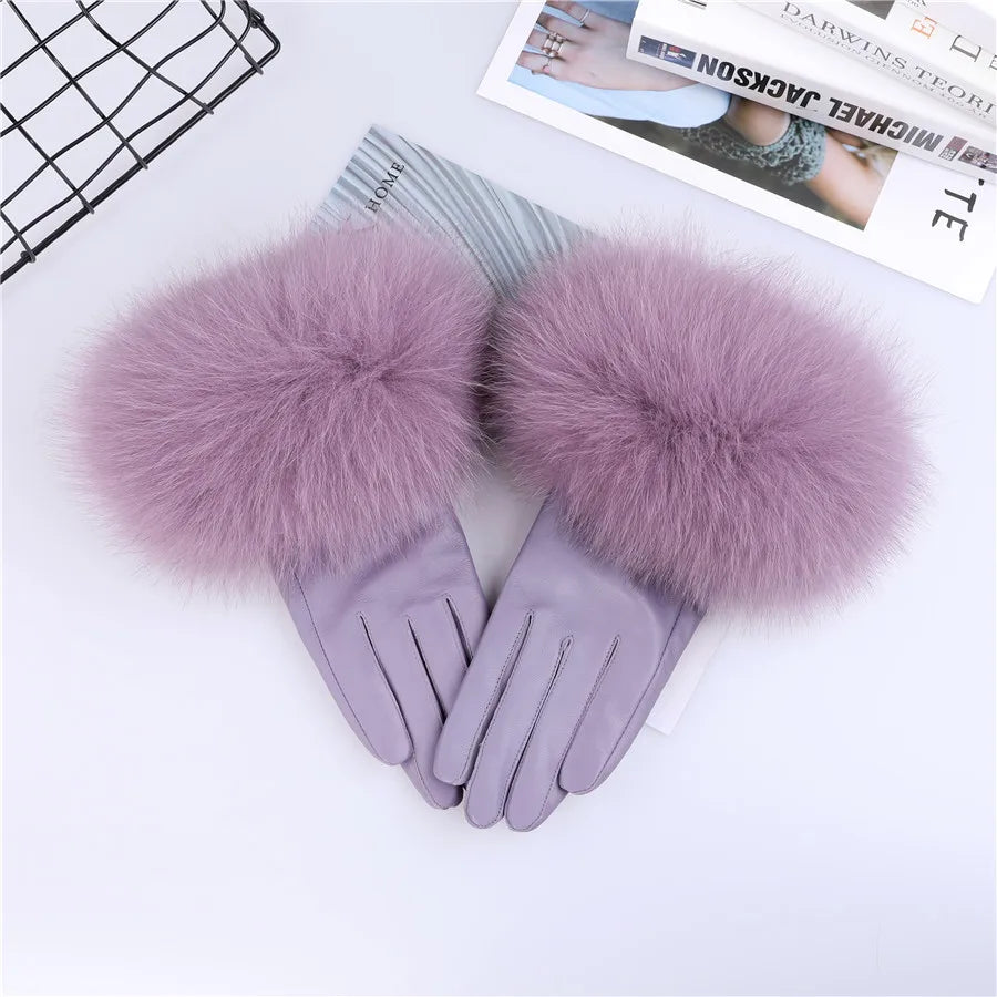 Sheepskin Leather Gloves with Fox Fur Trim – Women's Winter Mittens