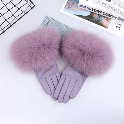 Sheepskin Leather Gloves with Fox Fur Trim – Women's Winter Mittens
