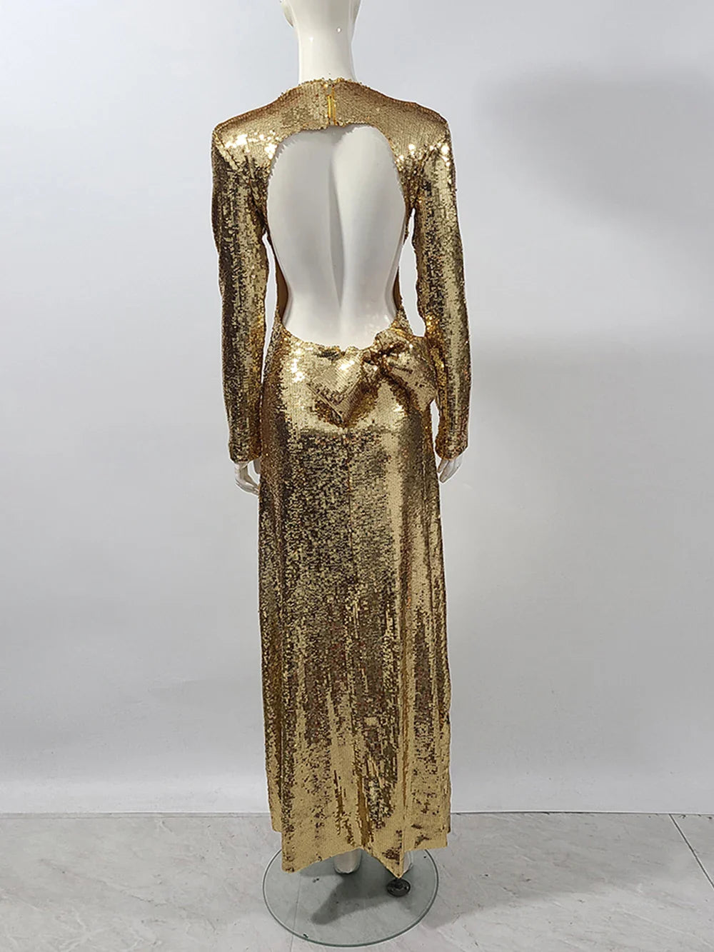 Gold Sequin Backless Evening Dress with Bow - Slim Fit, Long Sleeves