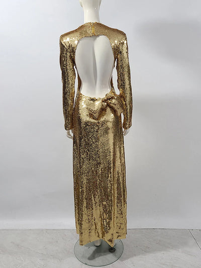 Gold Sequin Backless Evening Dress with Bow - Slim Fit, Long Sleeves