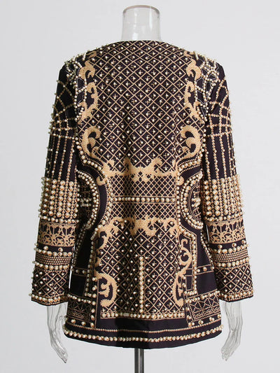 High Street Women's Blazer - V Neck, Long Sleeve, Embroidered Flares, Colorblock Design