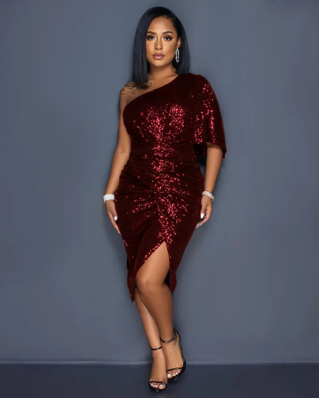 Burgundy Sequin Evening Dress – Single Shoulder, Sexy Prom Party Dress