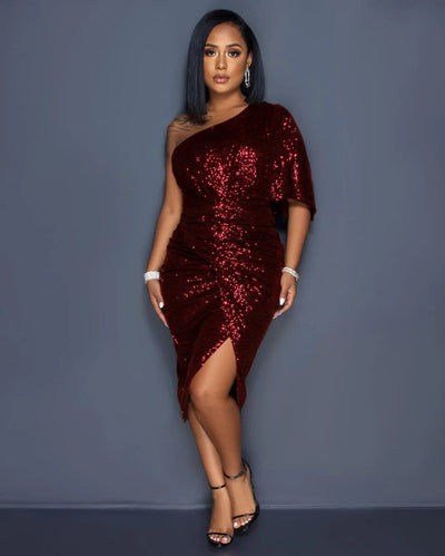 Burgundy Sequin Evening Dress – Single Shoulder, Sexy Prom Party Dress