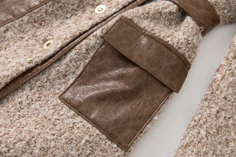Women Elegant Patchwork Windbreaker with PU Leather Splice and Belt
