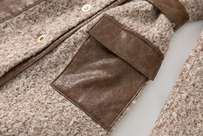 Women Elegant Patchwork Windbreaker with PU Leather Splice and Belt