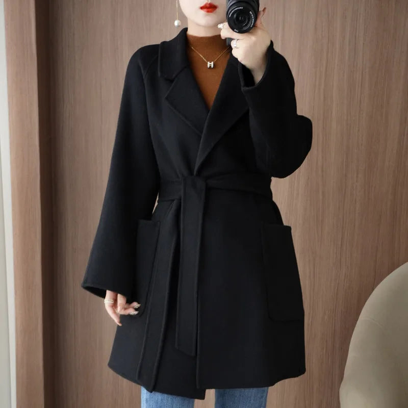 Women Double-Sided Woolen Cashmere Coat with Belt