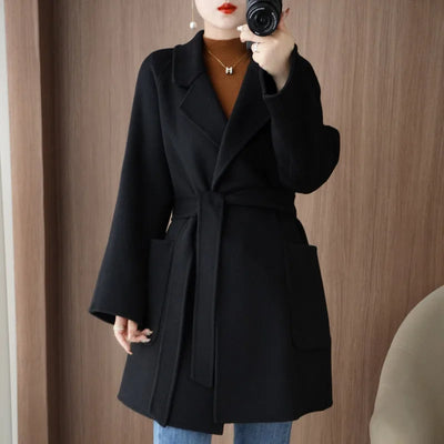 Women Double-Sided Woolen Cashmere Coat with Belt