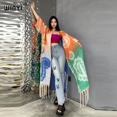 Winter Coat for Women - Luxury Cashew Print Long Overcoat with Tassels