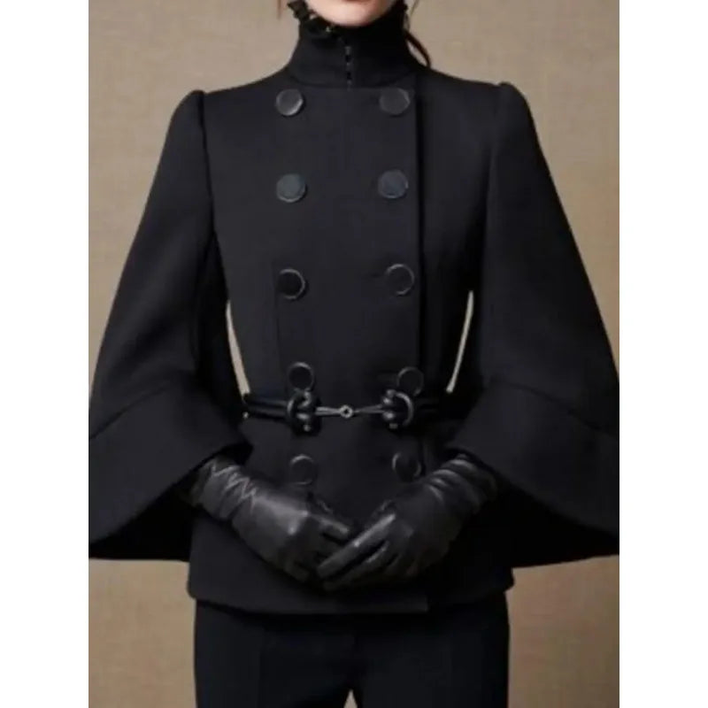 Women's Black High-Neck Buttoned Jacket with Flared Sleeves