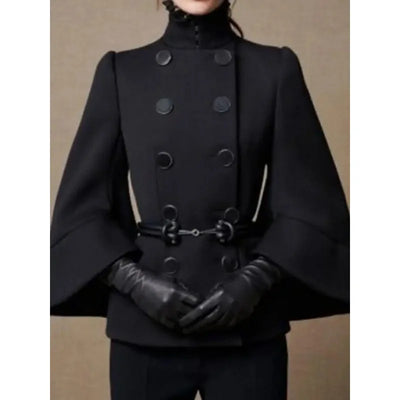 Women's Black High-Neck Buttoned Jacket with Flared Sleeves