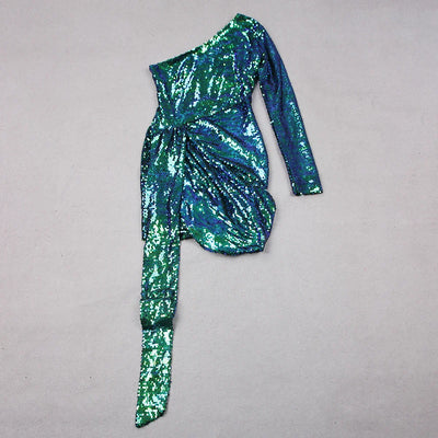 Women’s Green Pink Gold Sequined One Shoulder Party Dress