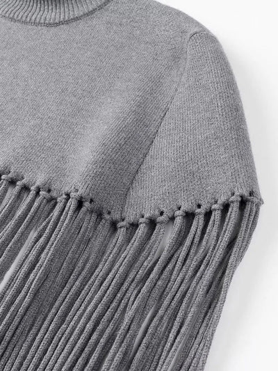 Solid Fringe Knitted Pullover Cloak for Women | Turtleneck Sleeveless Pullover