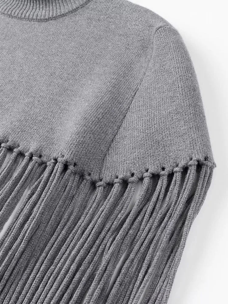 Solid Fringe Knitted Pullover Cloak for Women | Turtleneck Sleeveless Pullover