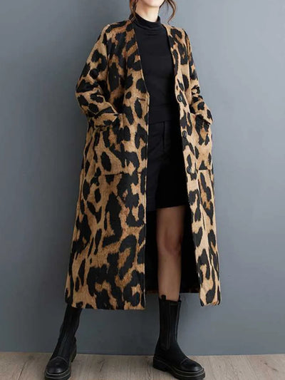 Fashionable Leopard Print Trench Coat | V-Neck, Loose Fit