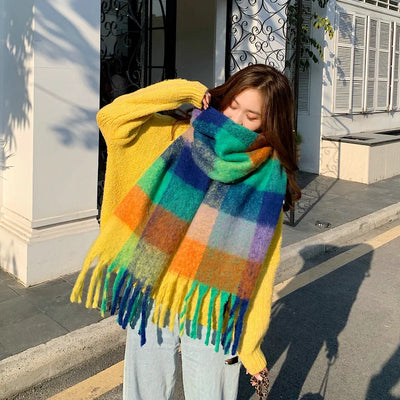 Luxury Rainbow Stripe Wool Scarf | Winter Warm Tassel Shawl Wrap