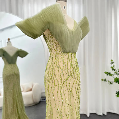 Luxury Dubai Sage Green Mermaid Evening Dress - Off Shoulder Formal Party Gown