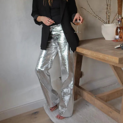 High Waisted Baggy PU Pants | Silver & Gold Loose Trousers