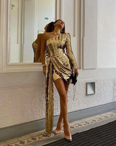 Women’s Green Pink Gold Sequined One Shoulder Party Dress