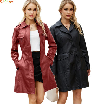 Red PU Leather Waist Lace-Up Long Jacket - Women's Fashion Overcoat