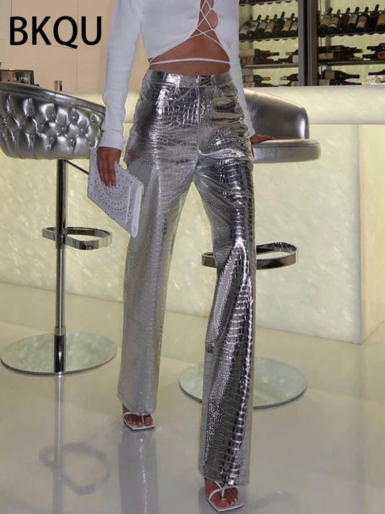 High Waisted Baggy PU Pants | Silver & Gold Loose Trousers