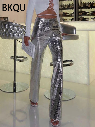 High Waisted Baggy PU Pants | Silver & Gold Loose Trousers
