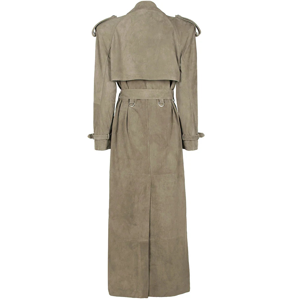 Long Real Leather Trench Coat for Women - Double Breasted Suede
