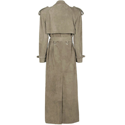 Long Real Leather Trench Coat for Women - Double Breasted Suede