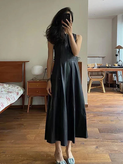 Leather Midi Dress - Sleeveless Pleated Skirt