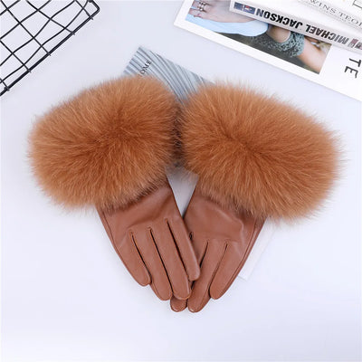 Sheepskin Leather Gloves with Fox Fur Trim – Women's Winter Mittens