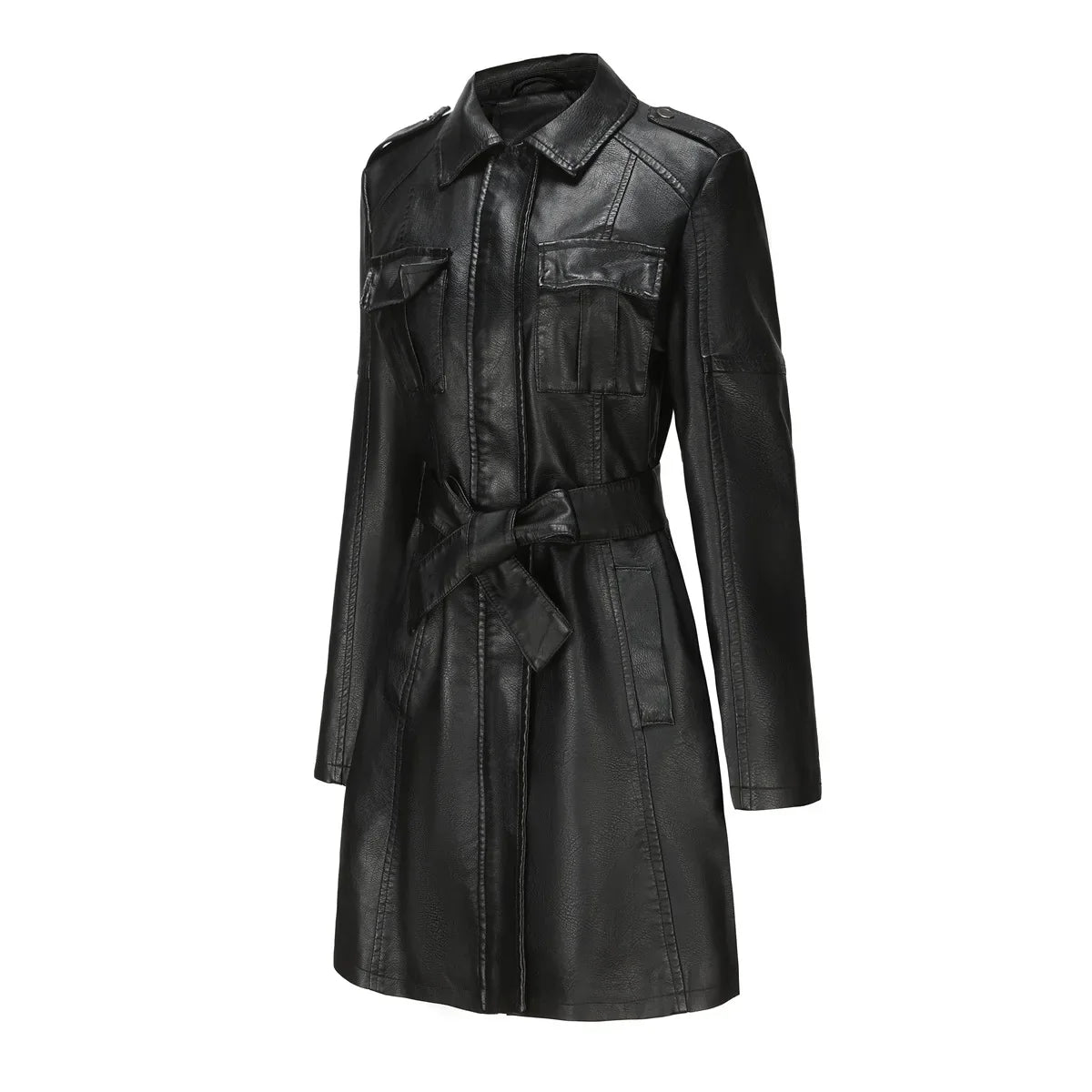 Red PU Leather Waist Lace-Up Long Jacket - Women's Fashion Overcoat