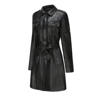 Red PU Leather Waist Lace-Up Long Jacket - Women's Fashion Overcoat