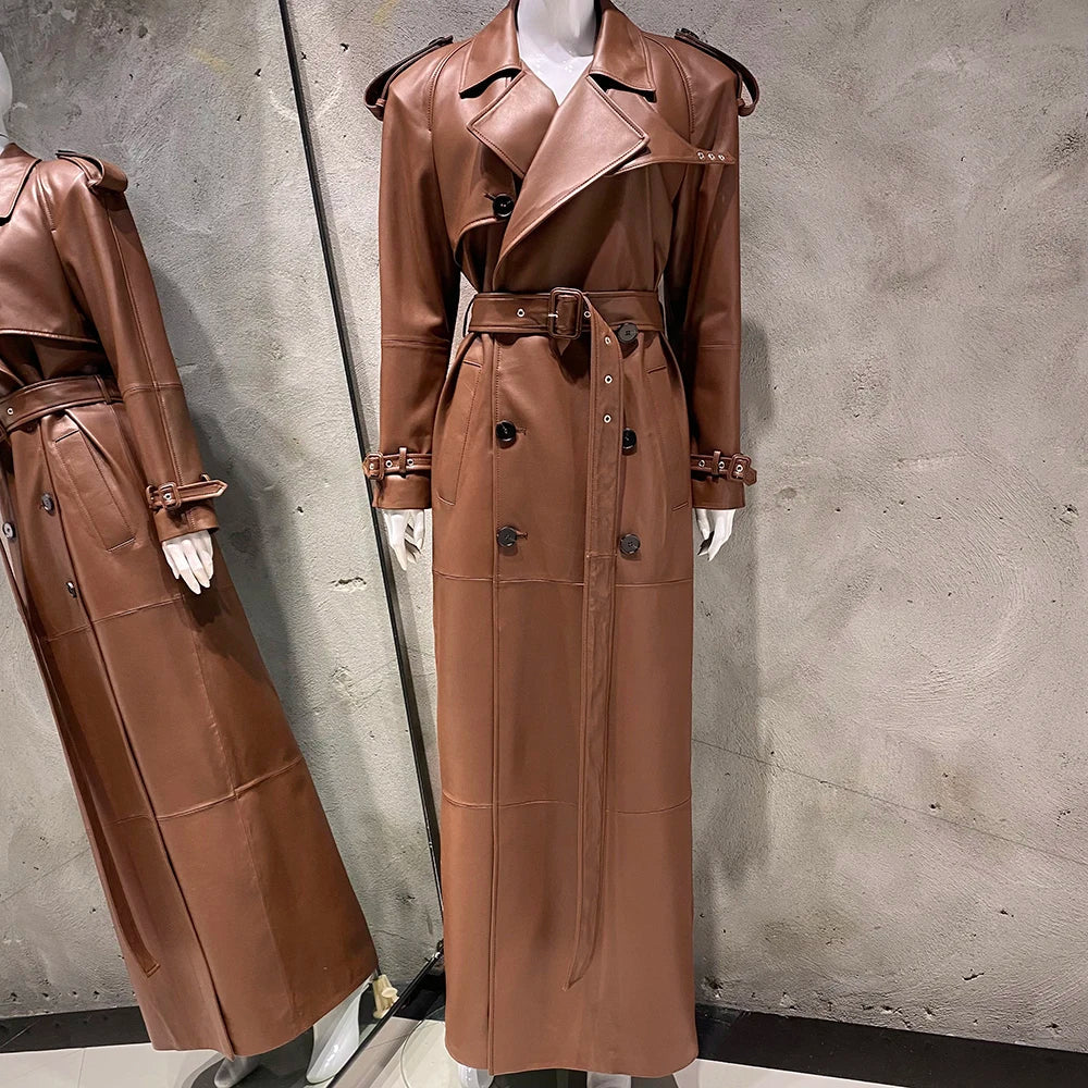 Long Real Leather Trench Coat for Women - Double Breasted Suede