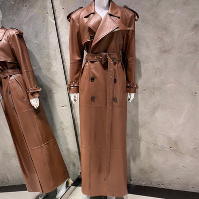 Long Real Leather Trench Coat for Women - Double Breasted Suede